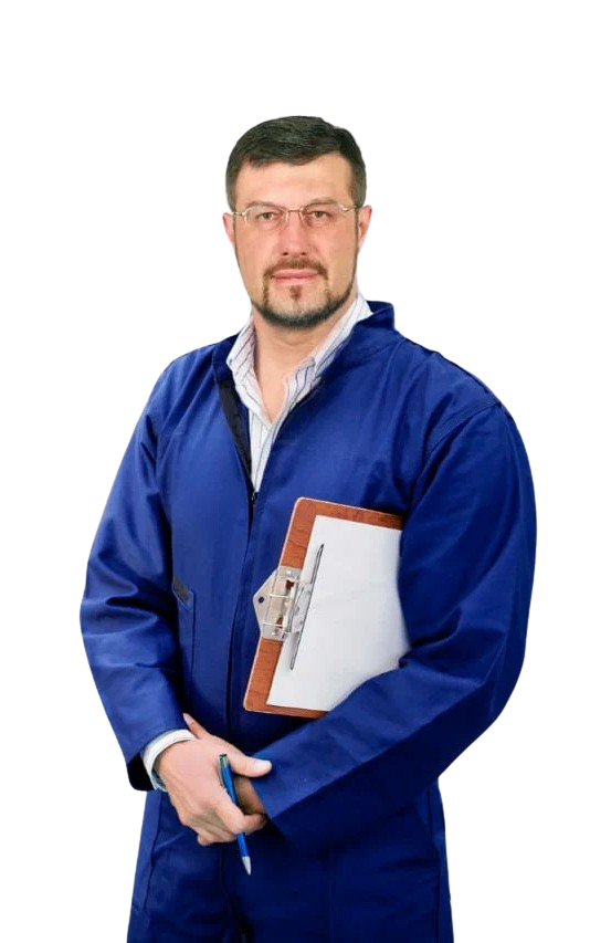 Inspector in blue overalls holding a clipboard